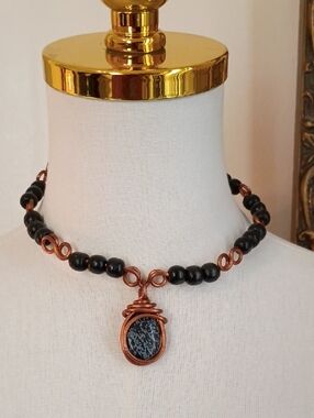 Handcrafted Black Bead Copper Wire Wrapped Pendant Necklace Statement